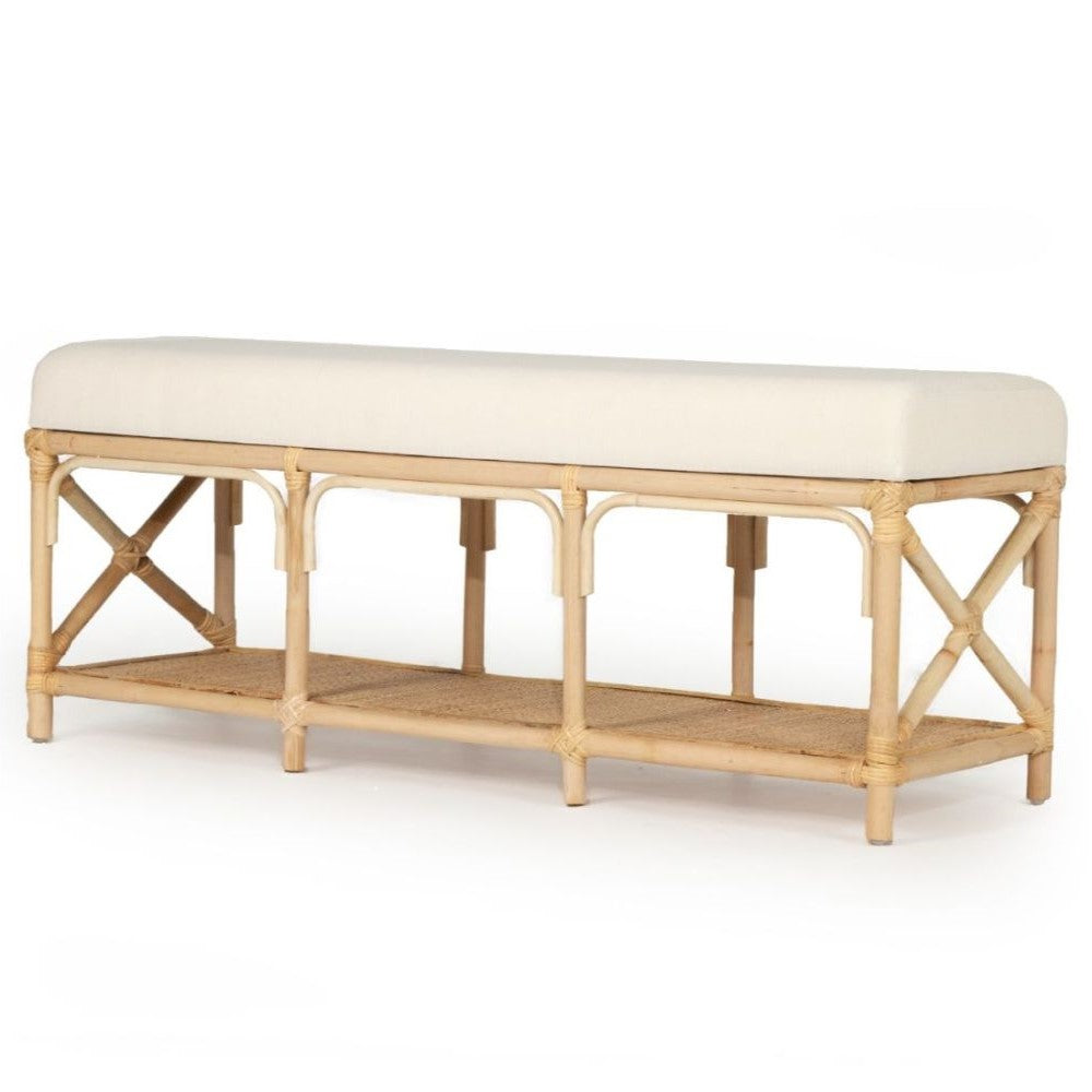 Rattan Bed End Bench With White Cushion - Natural Finish