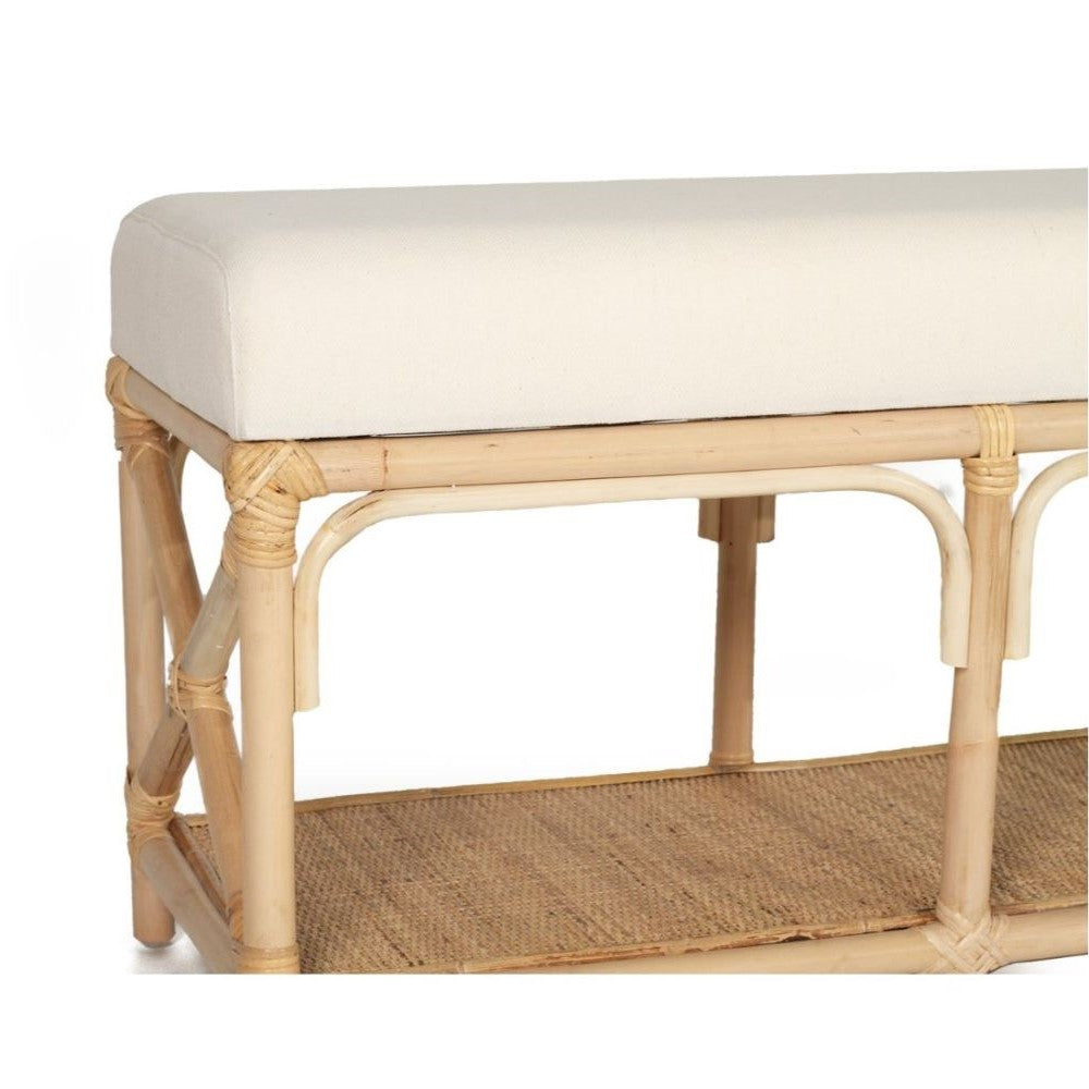 Rattan Bed End Bench With White Cushion - Natural Finish