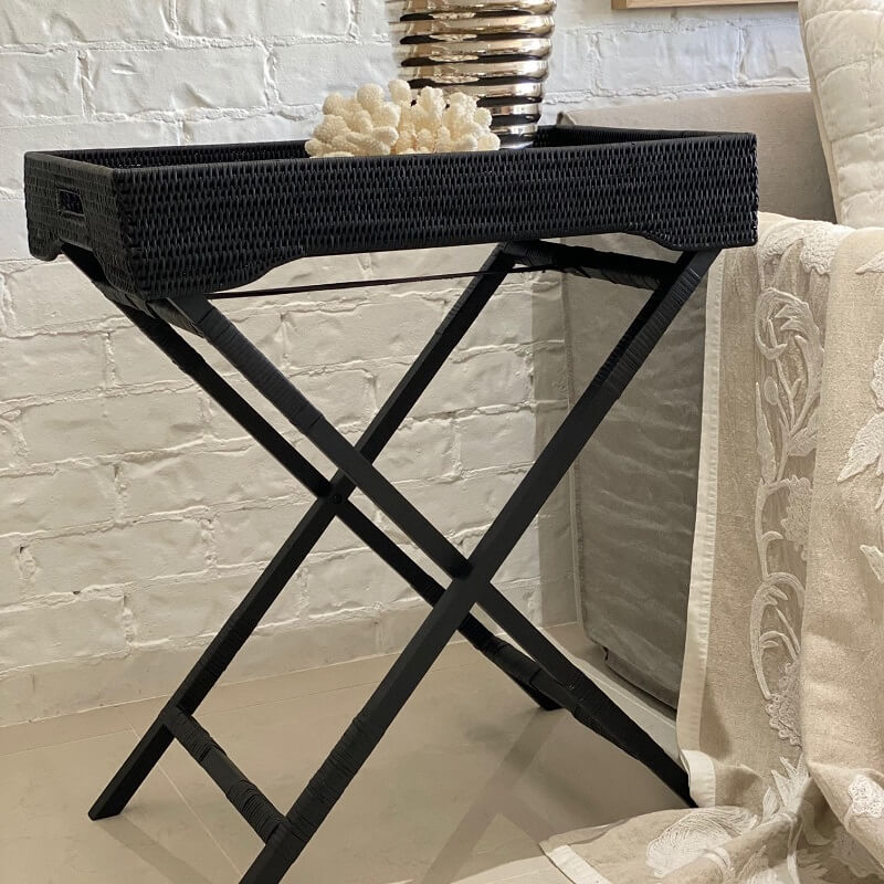 Rattan Butler's Tray with Stand - Black