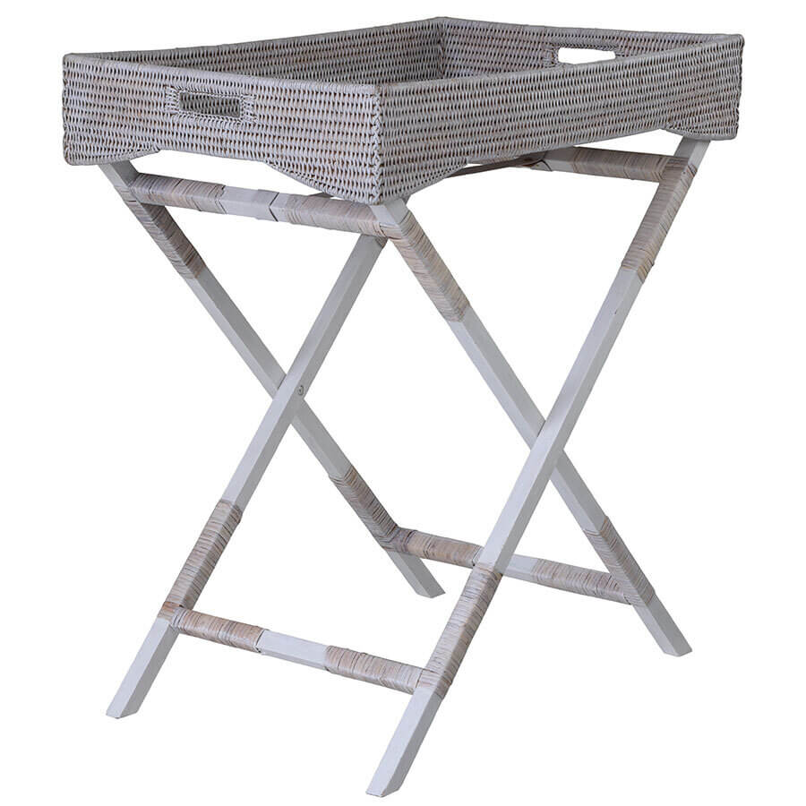 Rattan Butler's Tray with Stand - White Wash