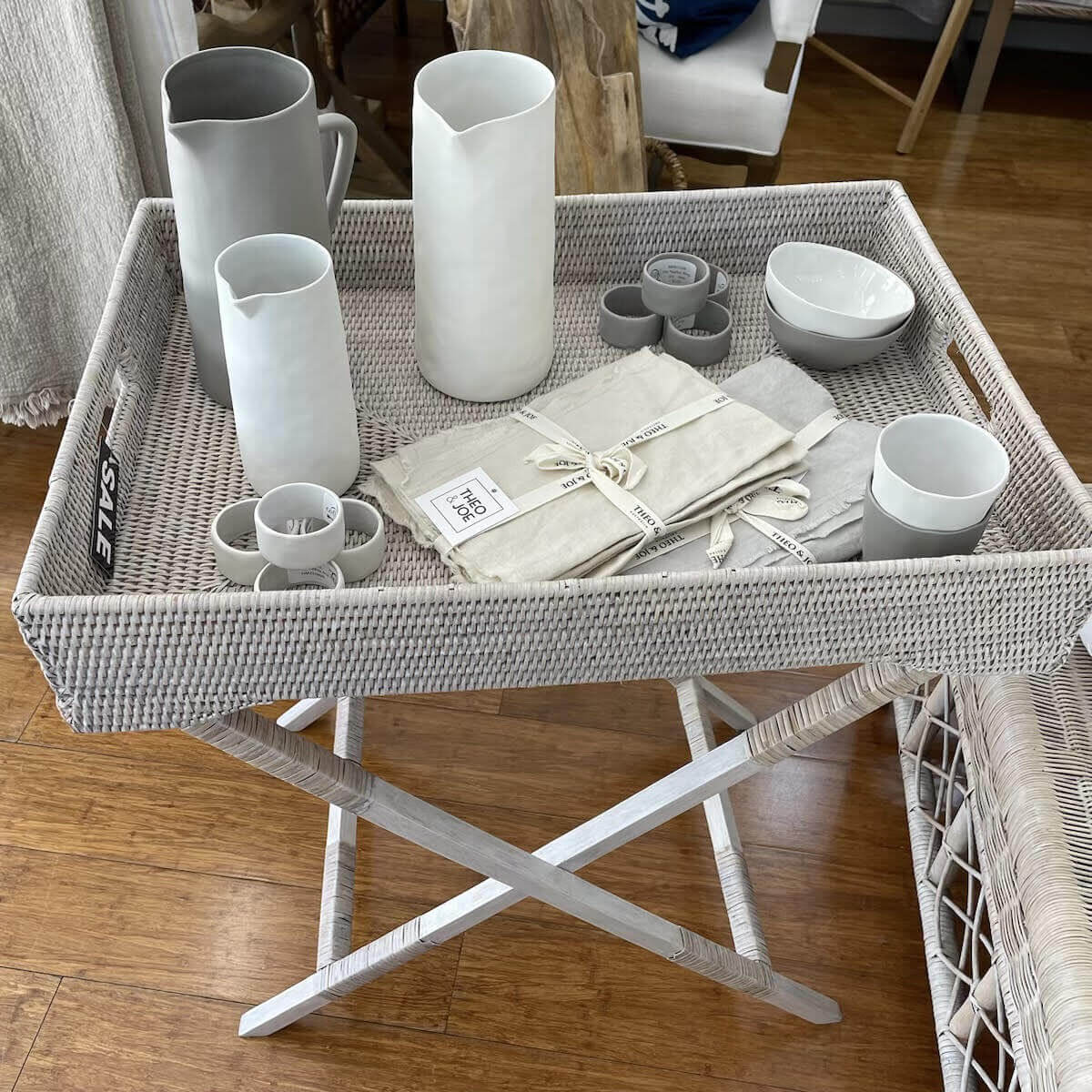 Rattan Butler's Tray with Stand - White Wash