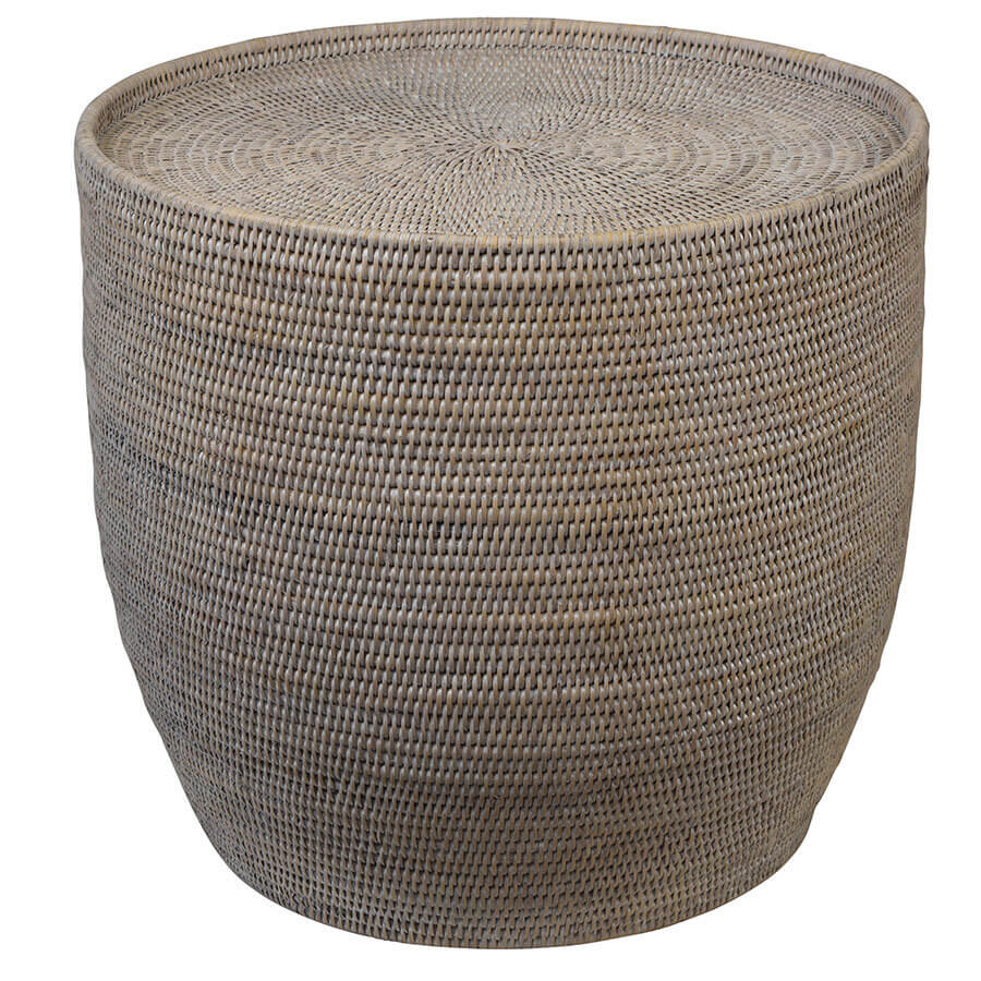 Rattan Drum Side Table - Whitewash