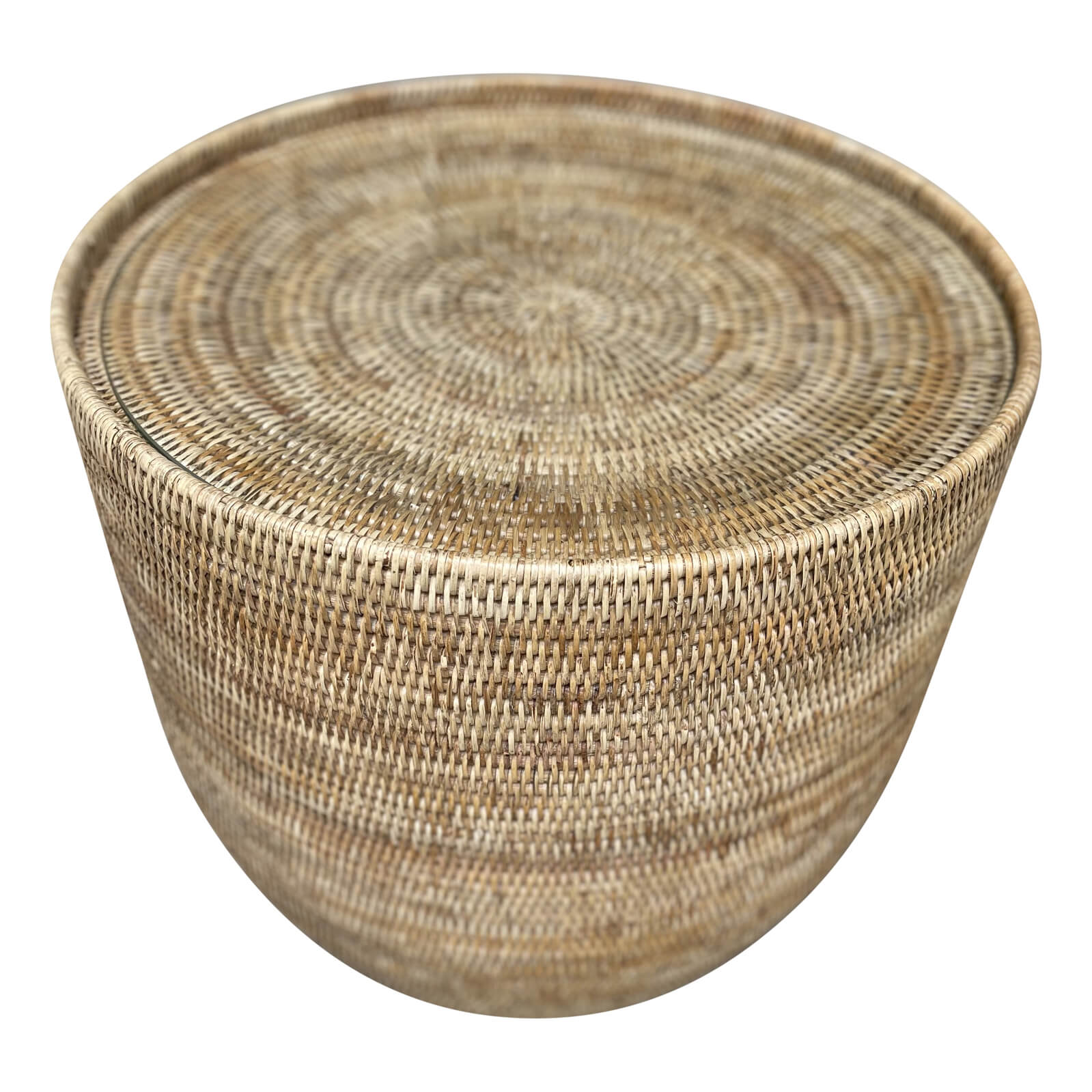 Rattan Drum Side Table With Glass Top - Natural