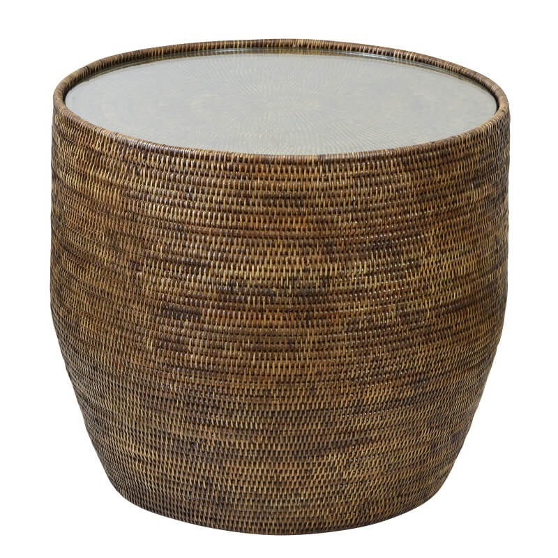 Rattan Drum Side Table With Glass Top - Antique Brown