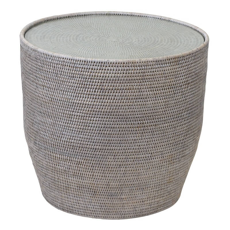 Rattan Drum Side Table With Glass Top - Whitewash