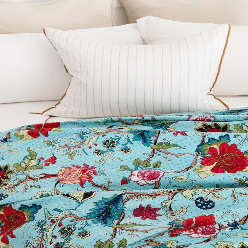 Red Florals in Blue Cotton Bedspread