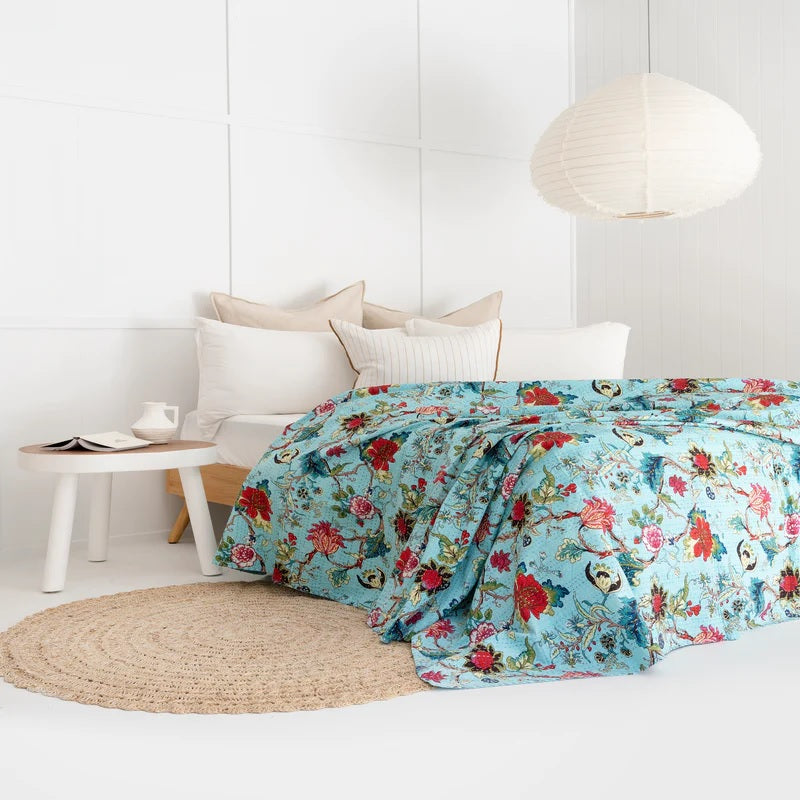 Red Florals in Blue Cotton Bedspread