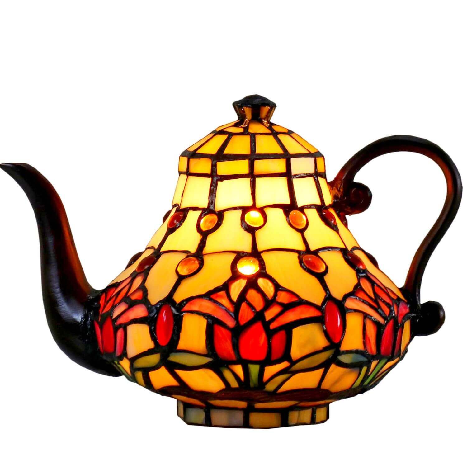 Red Tulips Teapot Tiffany Stained Glass Table Lamp