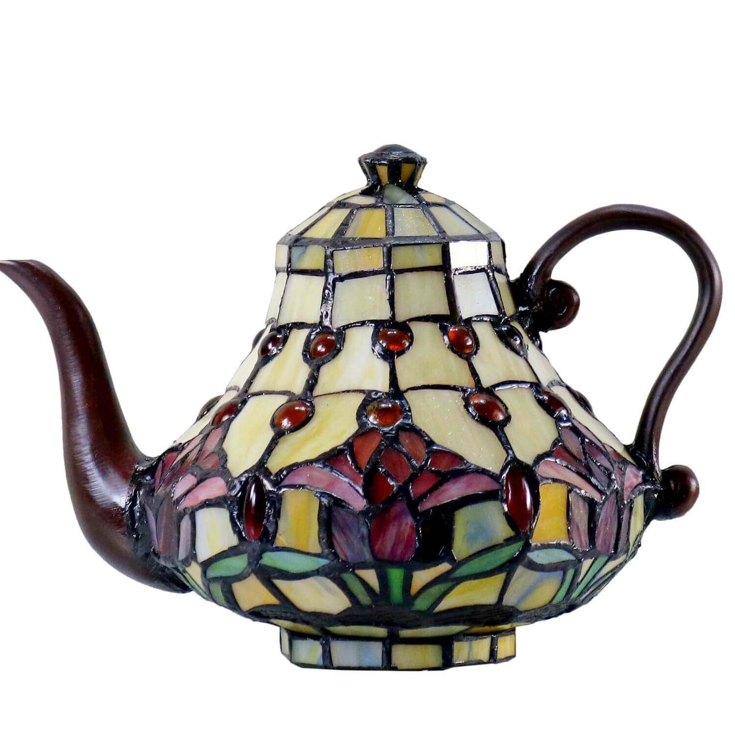 Red Tulips Teapot Tiffany Stained Glass Table Lamp