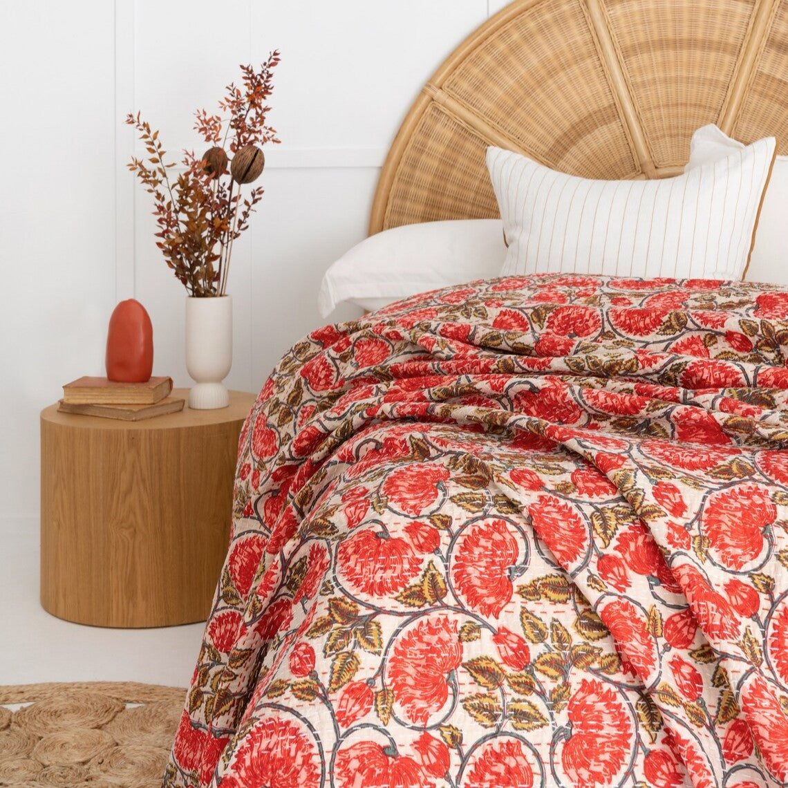 Red floral Designed Hand Stitched Cotton Doona