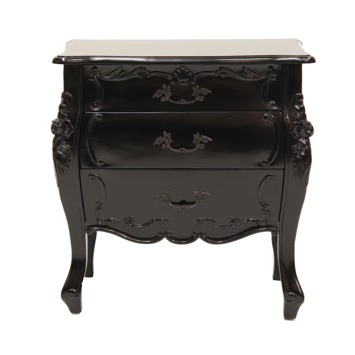 Refined Rococo Three-Drawer Nightstand - Black