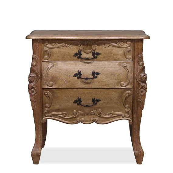 Refined Rococo Three-Drawer Nightstand - Weathered Oak