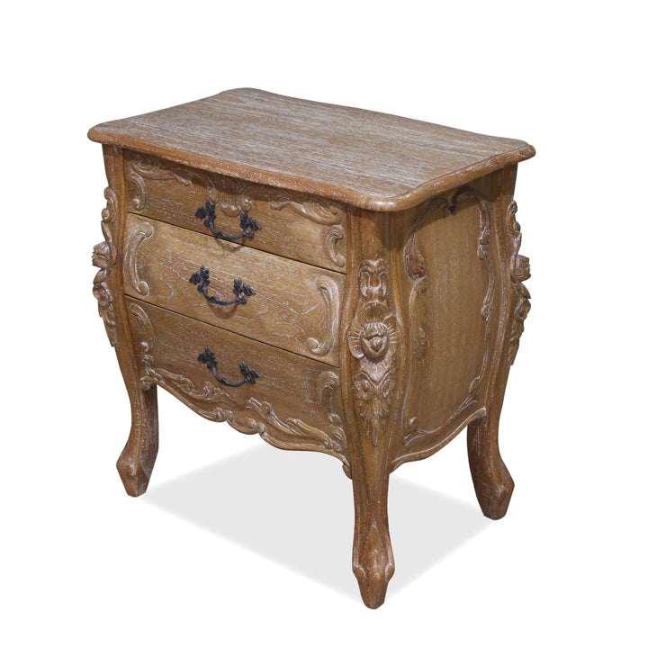 Refined Rococo Three-Drawer Nightstand - Weathered Oak