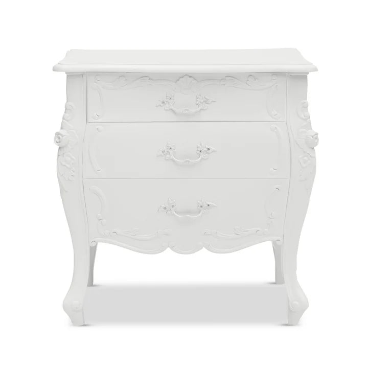 Refined Rococo Three-Drawer Nightstand - White