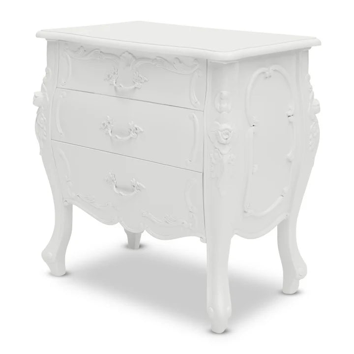 Refined Rococo Three-Drawer Nightstand - White