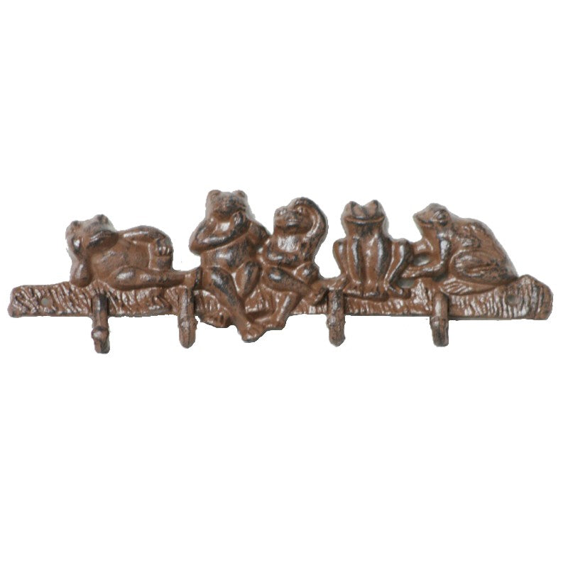 Relaxing Frogs 4 Hooks Cast Iron Wall Hanging - Antique Rust