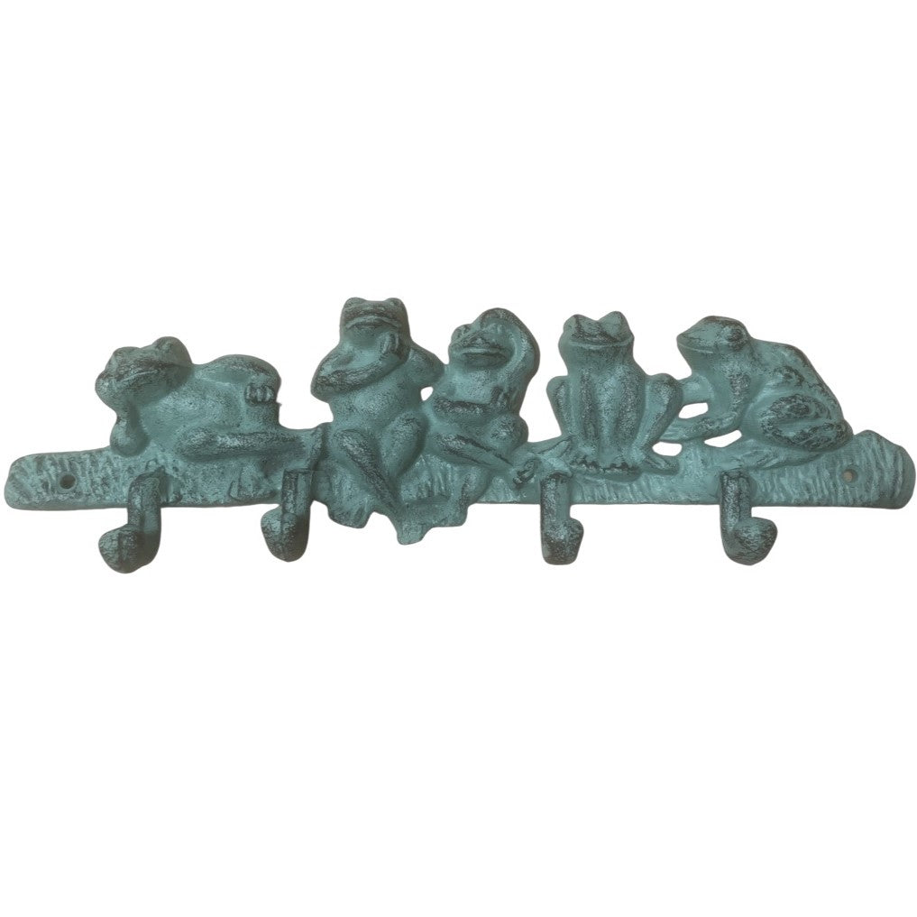 Relaxing Frogs 4 Hooks Cast Iron Wall Hanging - Verdigris