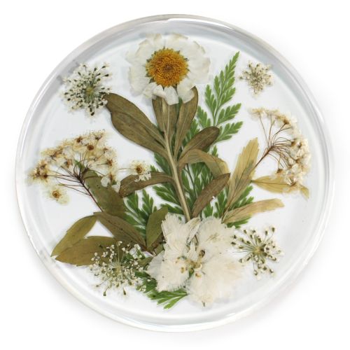 Resin Coaster Real Flower Meadow 10cms - White