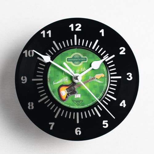 Retro Vinyl Desk Clock - Guitar & ‘Music Is Life’ Theme - 18cms