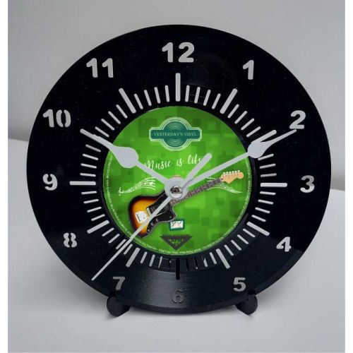 Retro Vinyl Desk Clock - Guitar & ‘Music Is Life’ Theme - 18cms