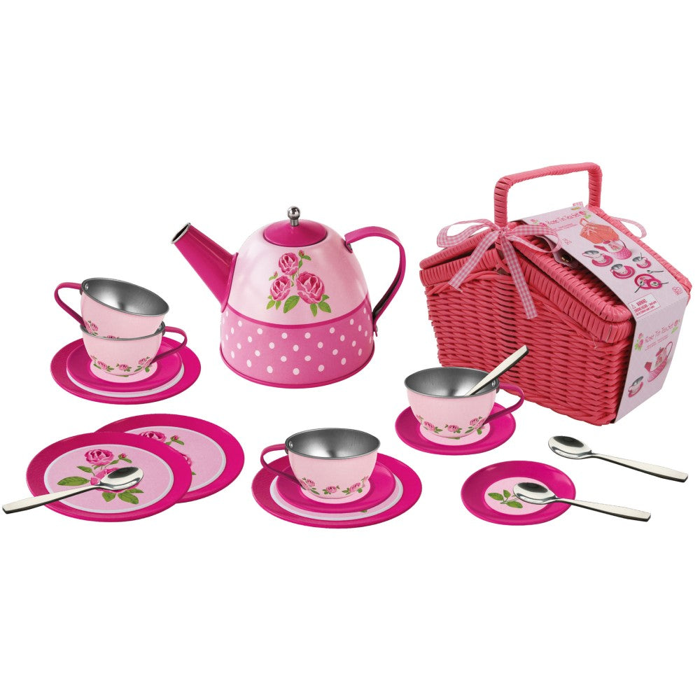 Rose Blossom Tin Tea Set in Picnic Basket - 18 Piece Elegance