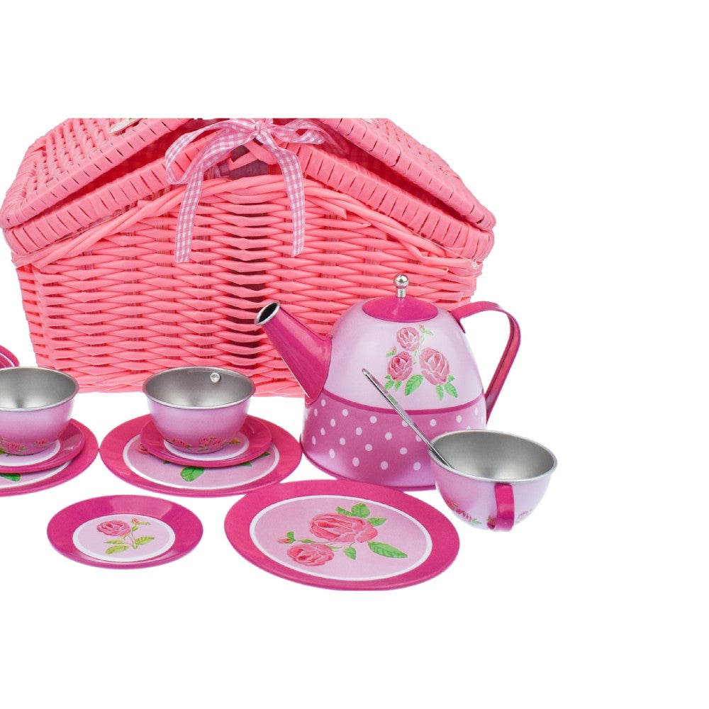 Rose Blossom Tin Tea Set in Picnic Basket - 18 Piece Elegance