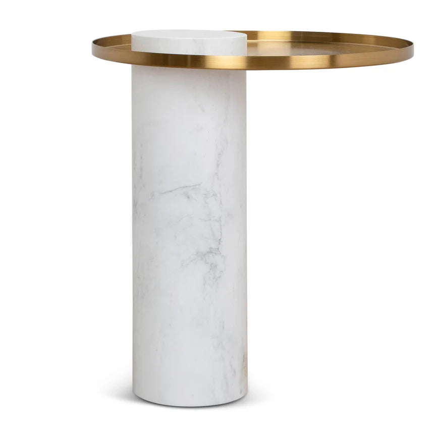 Round Brushed Gold Side Table - Carrara Marble - 40cms