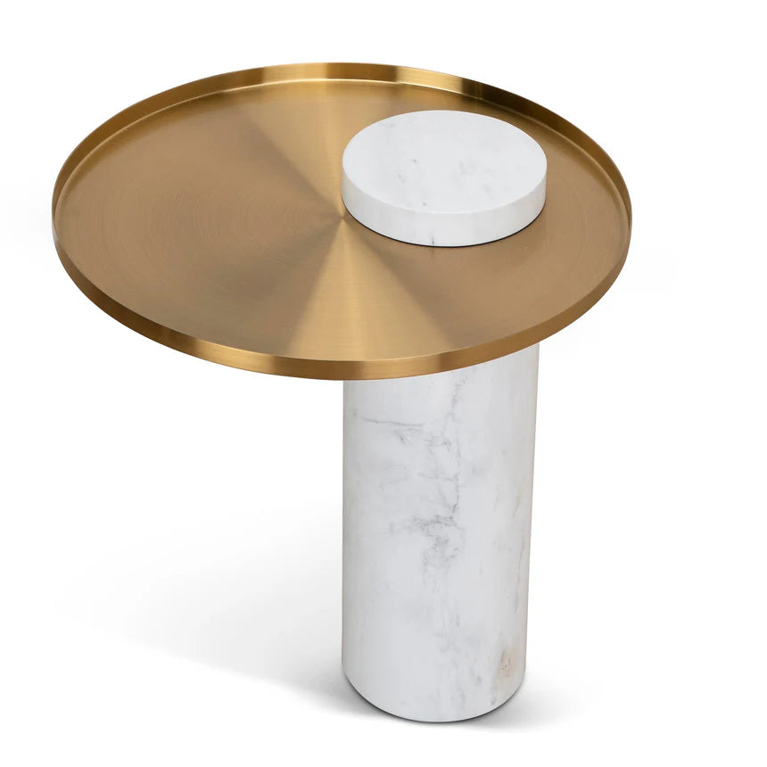 Round Brushed Gold Side Table - Carrara Marble - 40cms