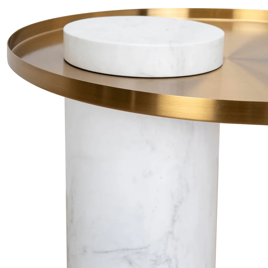 Round Brushed Gold Side Table - Carrara Marble - 40cms