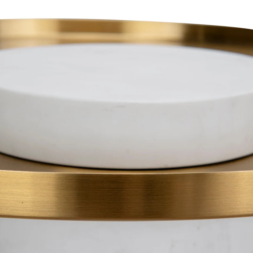 Round Brushed Gold Side Table - Carrara Marble - 40cms