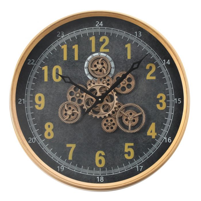 Round Columbus Industrial Gear Movement Wall Clock - Black with Gold