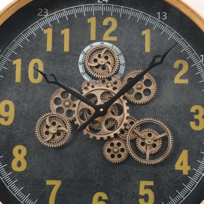 Round Columbus Industrial Gear Movement Wall Clock - Black with Gold