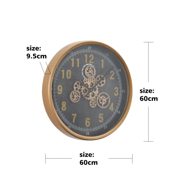 Round Columbus Industrial Gear Movement Wall Clock - Black with Gold