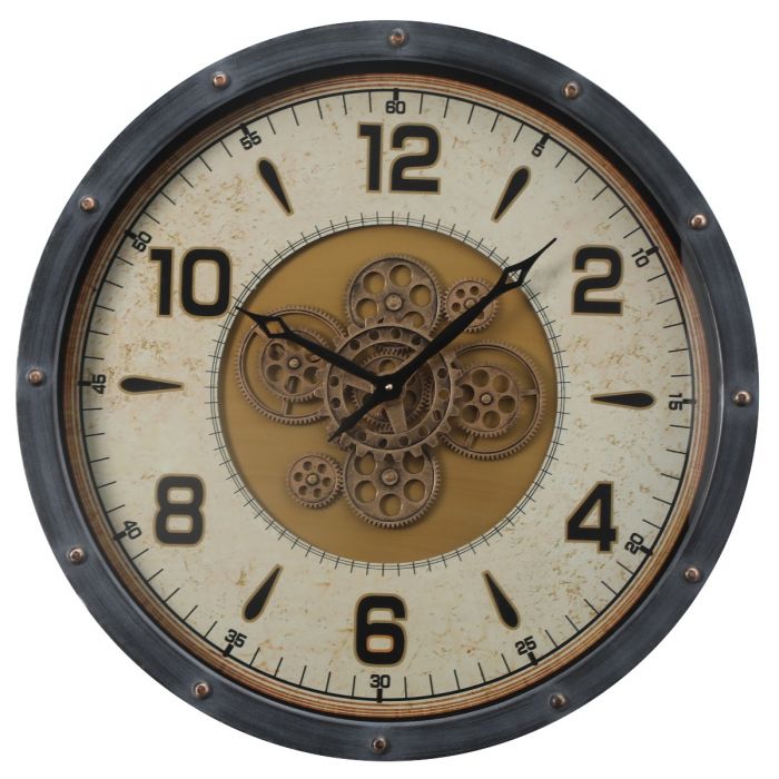 Round Magellan Industrial Gear Movement Wall Clock - Black with Gold