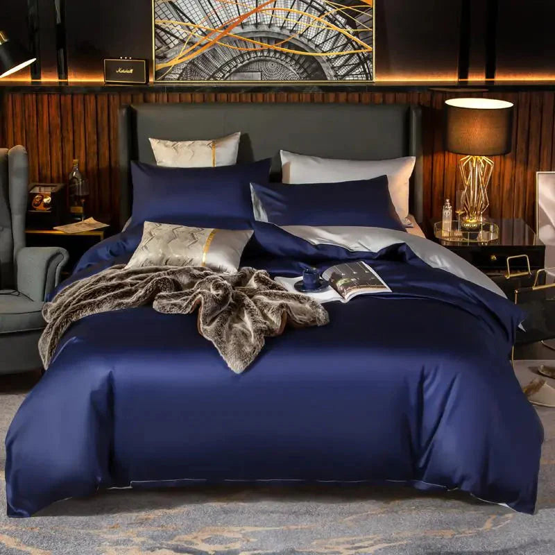 Royal Navy Blue/Light Grey Double Blanket Bedspread - 6Pcs Set