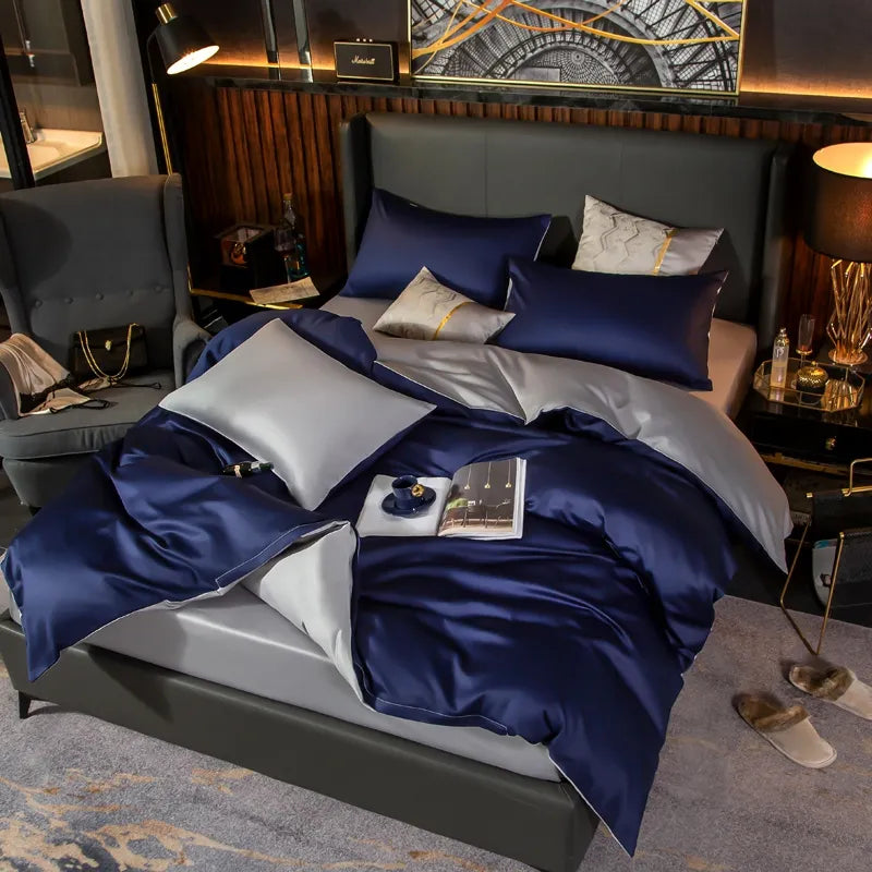 Royal Navy Blue/Light Grey Double Blanket Bedspread - 6Pcs Set