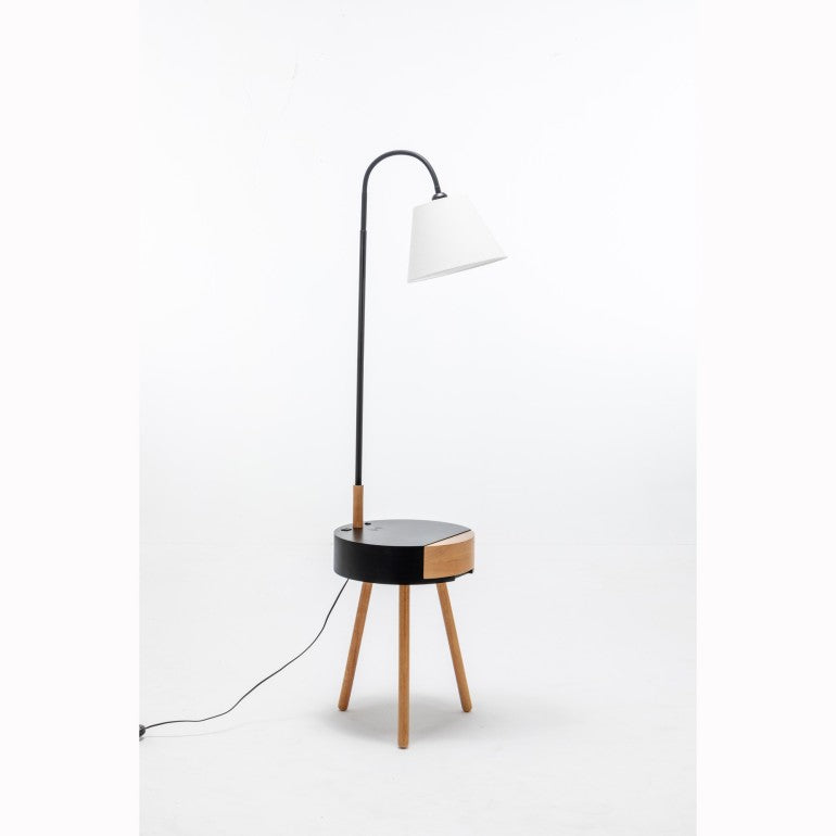 Rubberwood Lamp with Matte Black Table - White Linen Shade