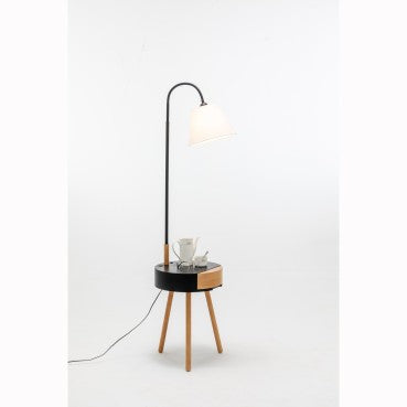 Rubberwood Lamp with Matte Black Table - White Linen Shade