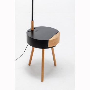 Rubberwood Lamp with Matte Black Table - White Linen Shade