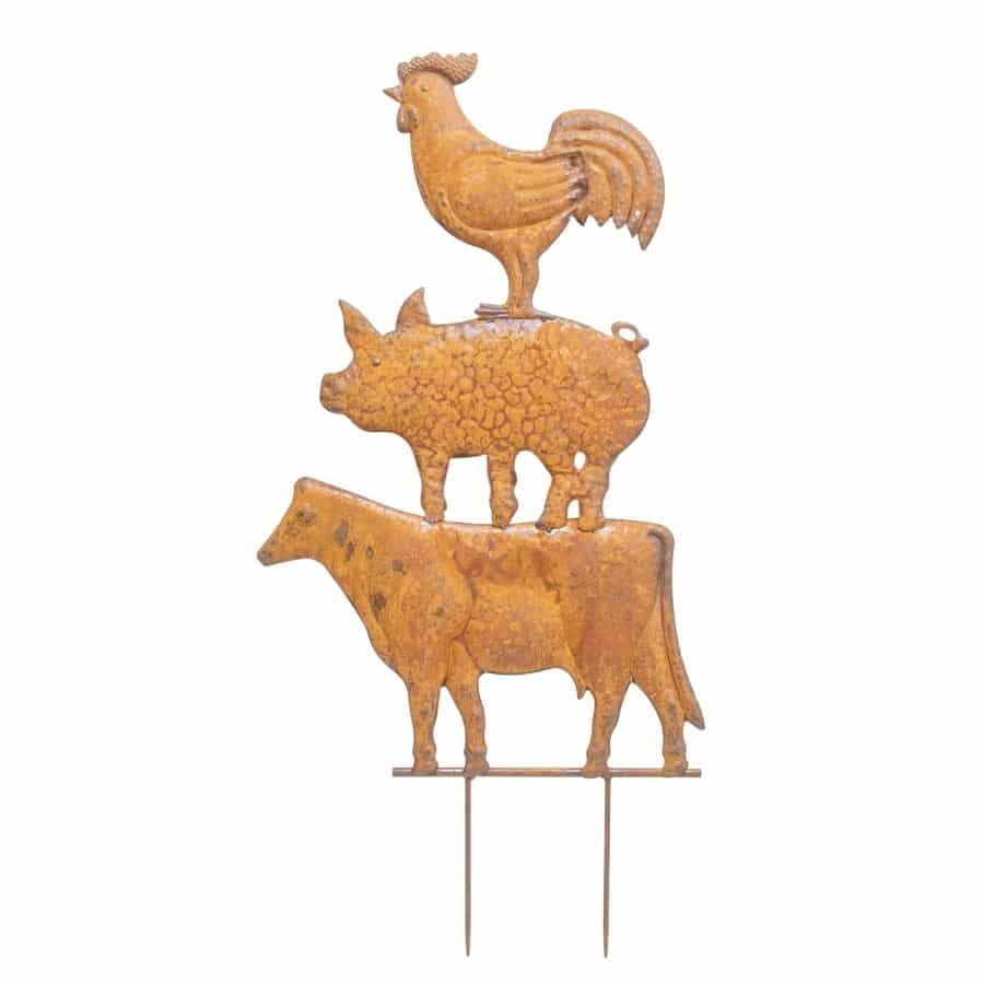 Rust Metal Farm Animal Tower Garden Stake 77cms