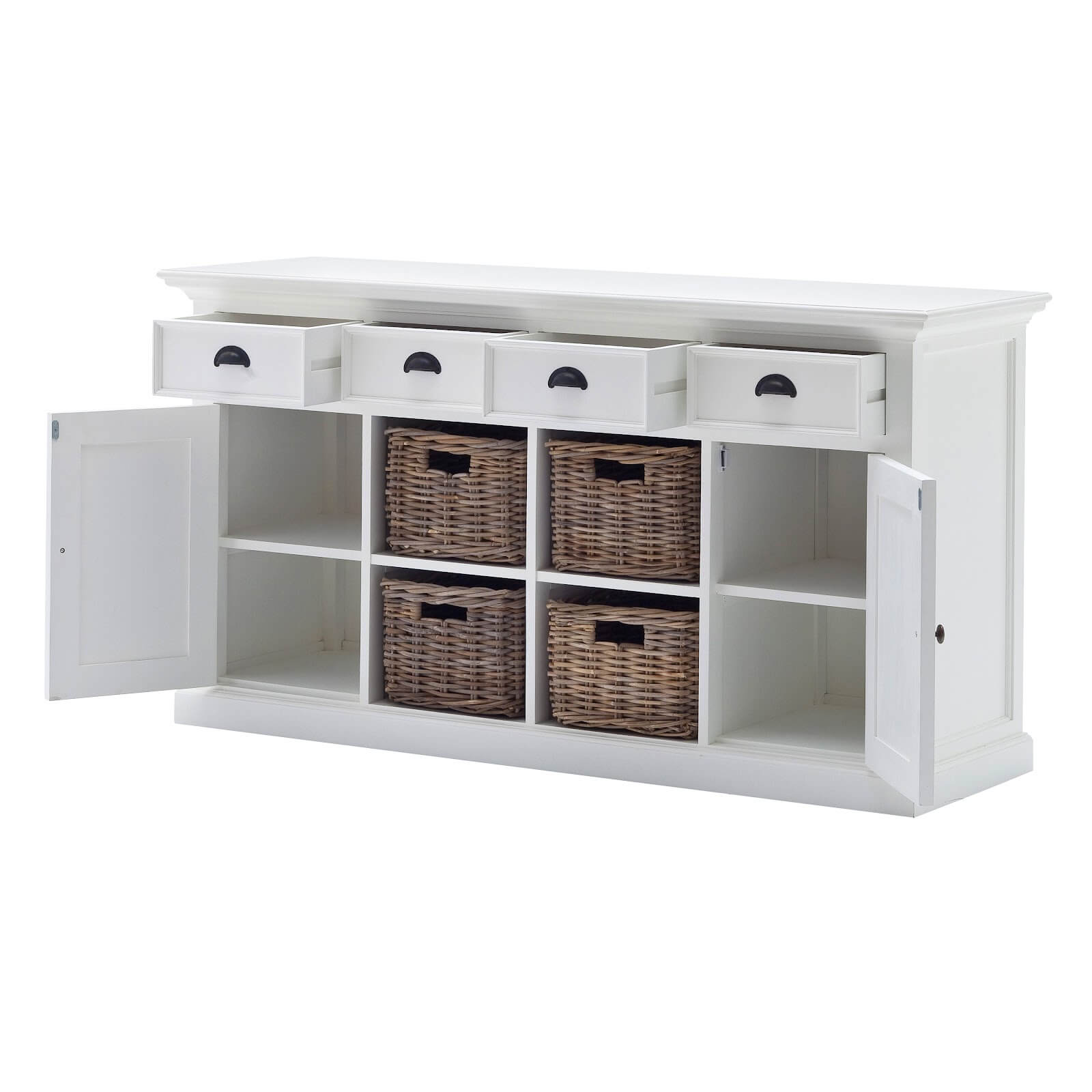 Classic Farmhouse Buffet 4 Drawers 2 Doors & 4 Baskets White