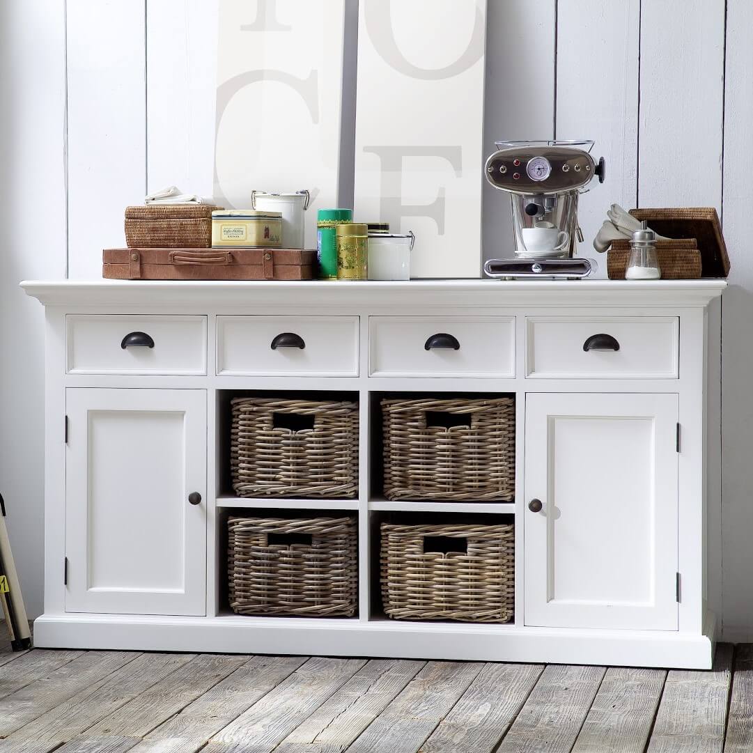 Classic Farmhouse Buffet 4 Drawers 2 Doors & 4 Baskets White