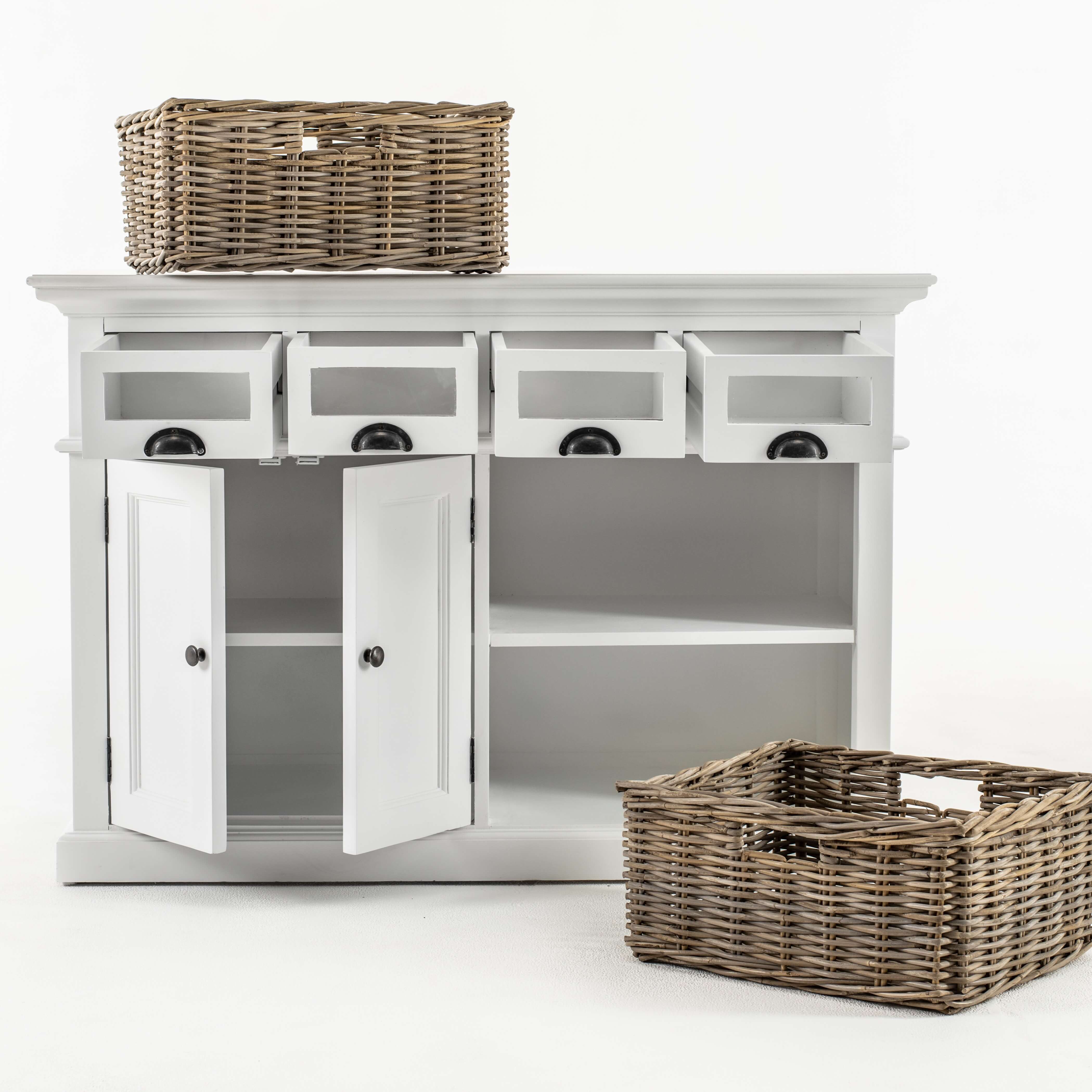 Classic Farmhouse Kitchen Buffet with 4 Drawers 2 Doors & 2 Baskets