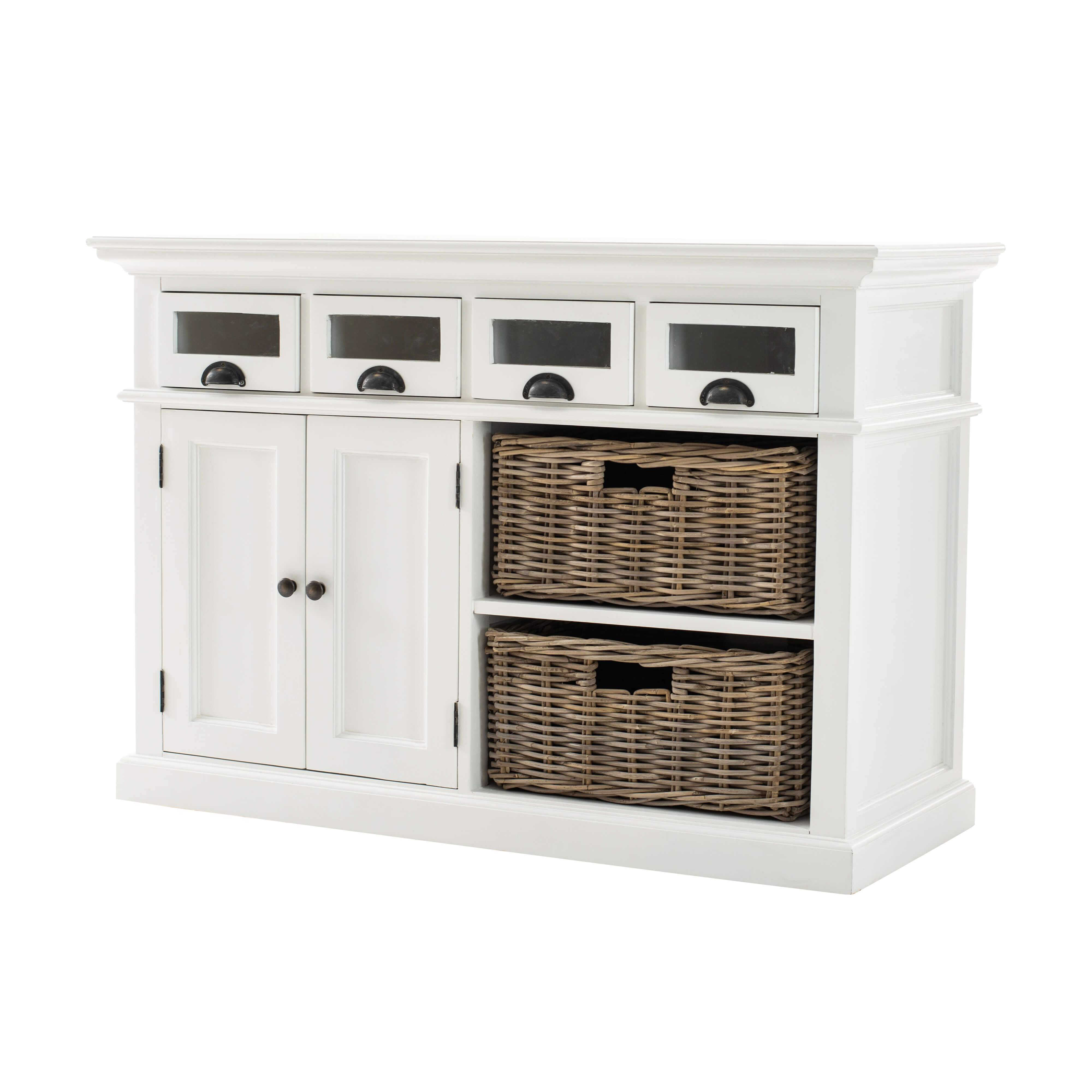 Classic Farmhouse Kitchen Buffet with 4 Drawers 2 Doors & 2 Baskets