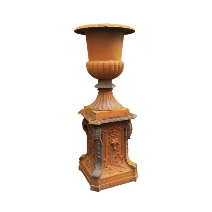 Rustic Urn Romano Base Cast Iron - Natural Rust