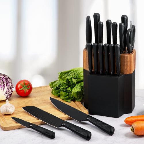 SS Black Blade Kitchen Knives 18pc Block Set