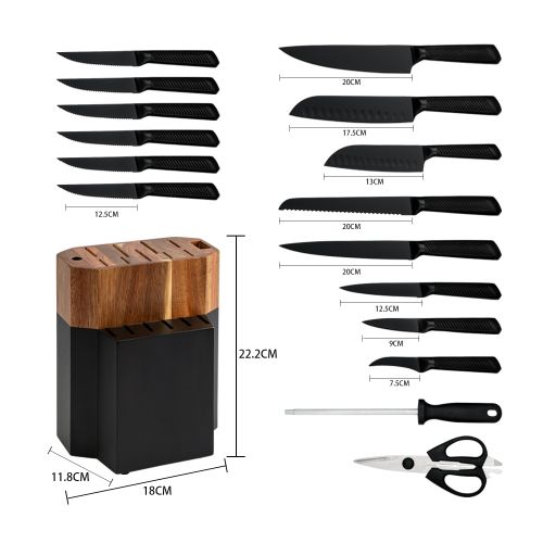 SS Black Blade Kitchen Knives 18pc Block Set