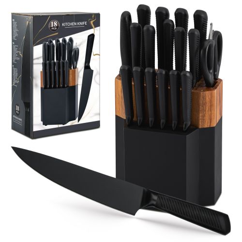 SS Black Blade Kitchen Knives 18pc Block Set