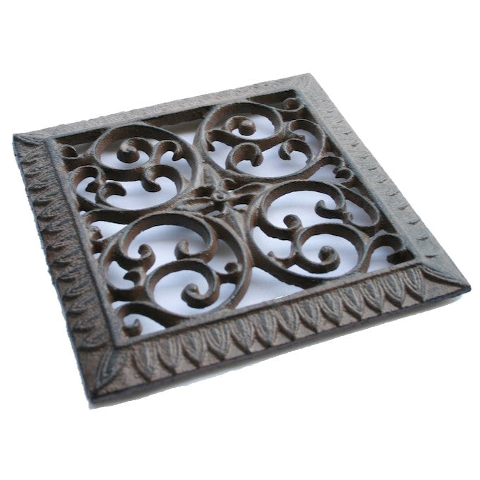 Scroll Cast Iron Square Trivet - Antique Rust