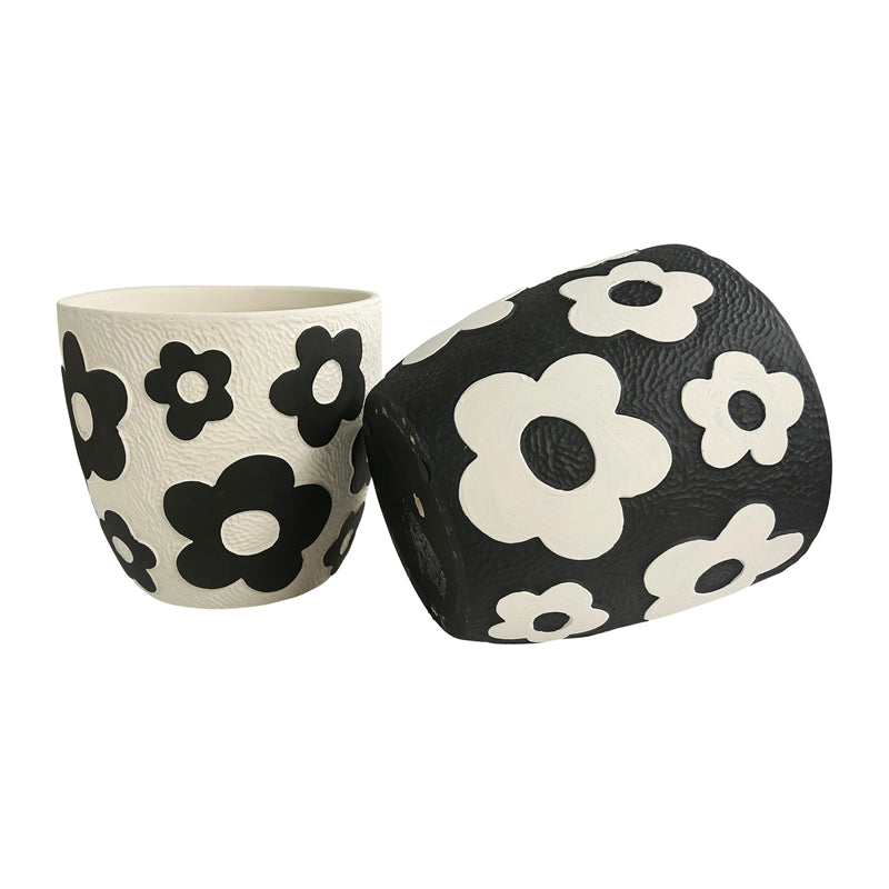 Set of 2 Assorted Monochrome Flower Planters - 17x17x15.5cms